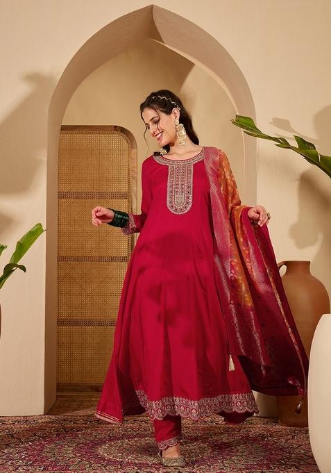 Red Embroidered Poly Blended Kurta Set