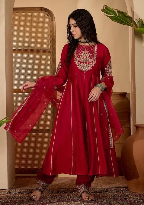 Red Embroidered Poly Blended Kurta Set