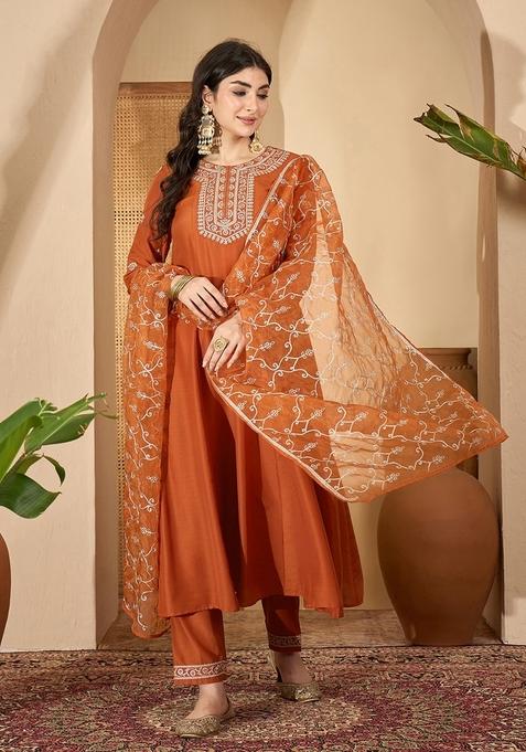 Orange Embroidered Poly Blended Kurta Set