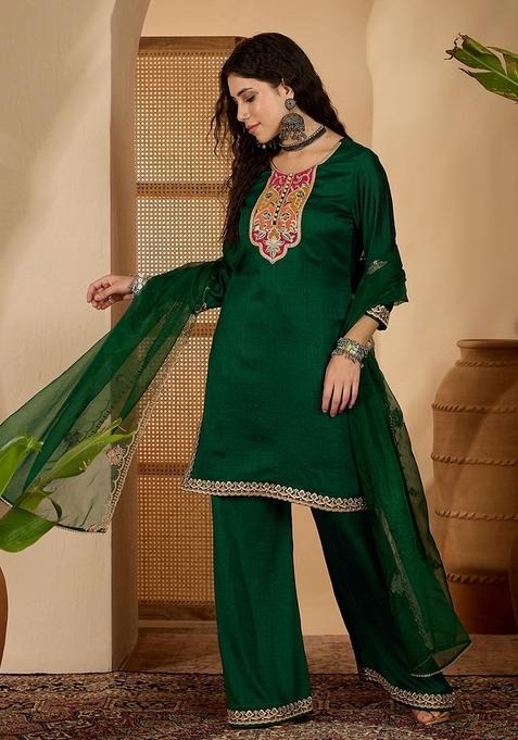 Green Embroidered Poly Blended Kurta Set