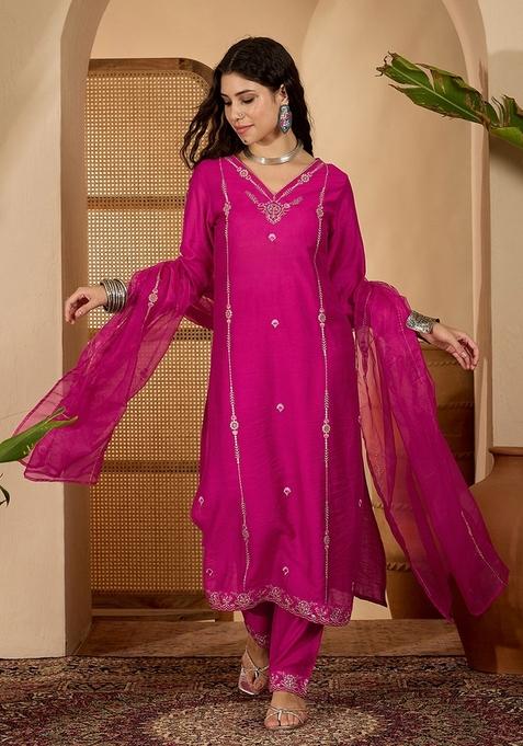 Pink Embroidered Poly Blended Kurta Set