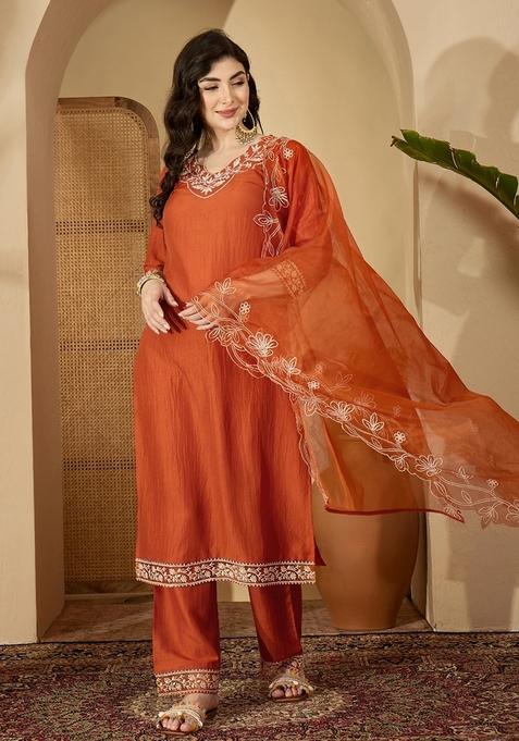 Orange Embroidered Poly Blended Kurta Set