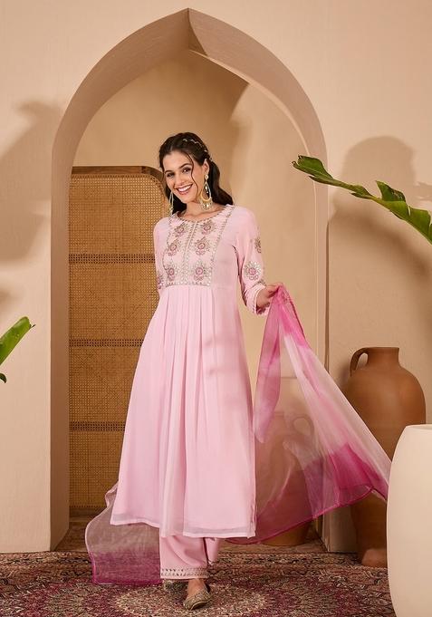 Pink Embroidered Poly Blended Kurta Set