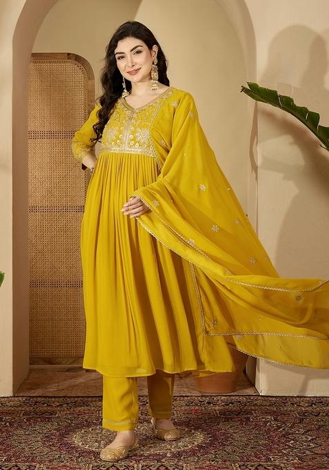 Yellow Embroidered Blended Anarkali Set