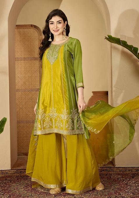 Yellow Green Embroidered Blended Sharara Set