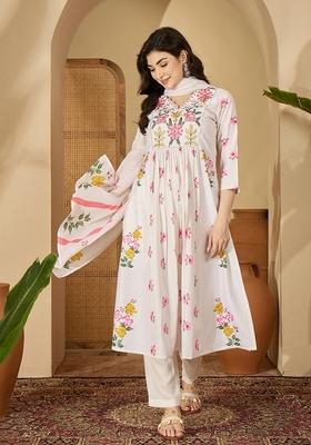 Off White Embroidered Blended A Line Kurta Set