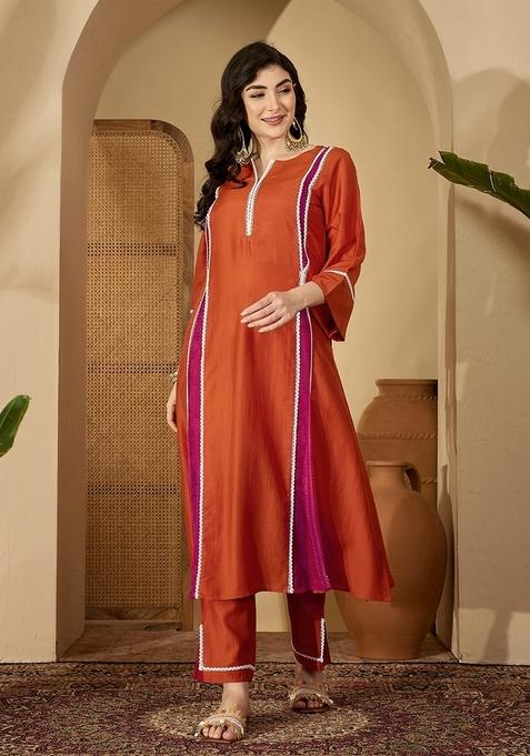Orange Embroidered Poly Blended Kurta Pant Set