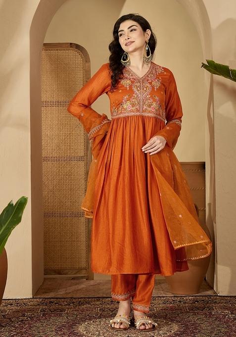 Orange Embroidered Poly Blended Kurta Set
