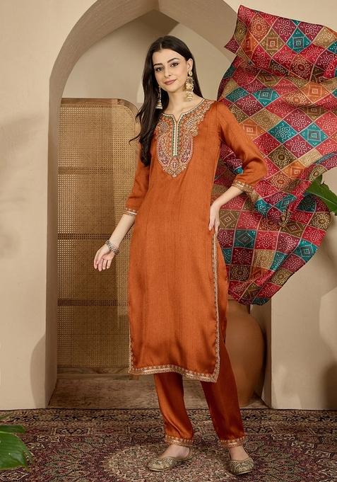 Orange Embroidered Poly Blended Kurta Set