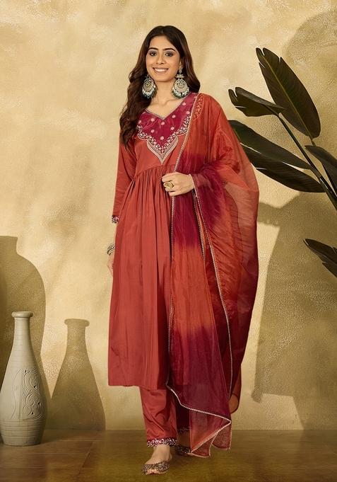 Rust Embroidered Poly Blended Kurta Set