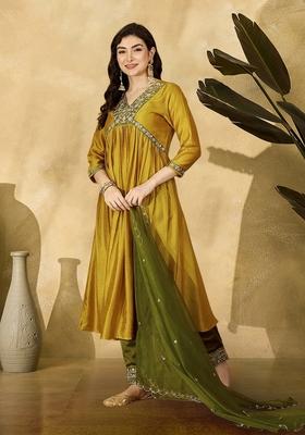 Yellow Embroidered Blended A Line Kurta Set
