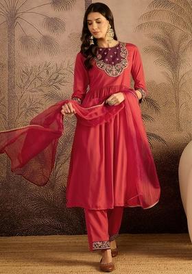 Red Embroidered Blended A Line Kurta Set