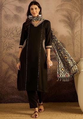Black Embroidered Poly Blended Kurta Set