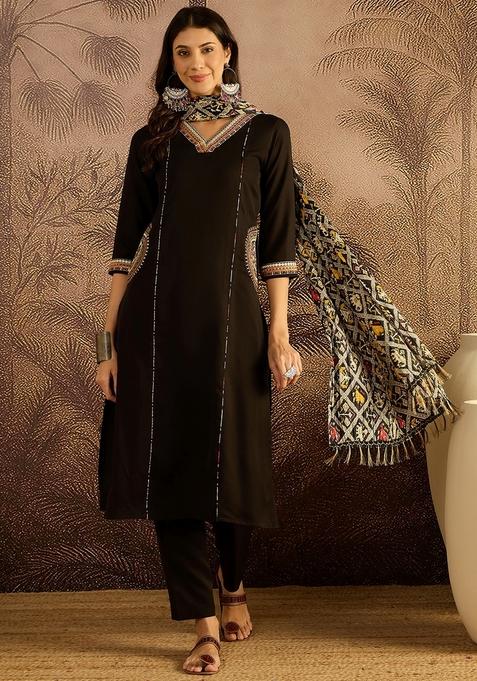 Black Embroidered Poly Blended Kurta Set
