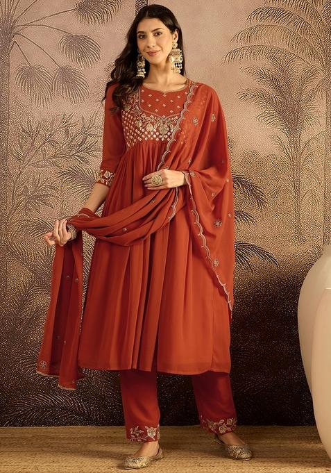 Orange Embroidered Poly Blended Kurta Set