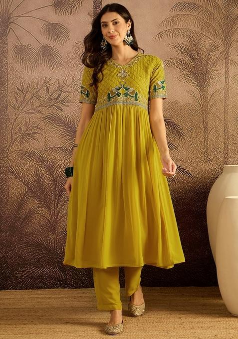 Yellow Embroidered Poly Blended Kurta Pant Set