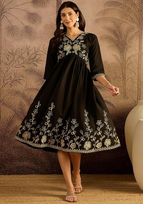 Black Embroidered Poly Blended Gown
