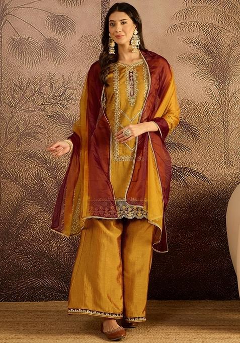 Orange Embroidered Poly Blended Kurta Set