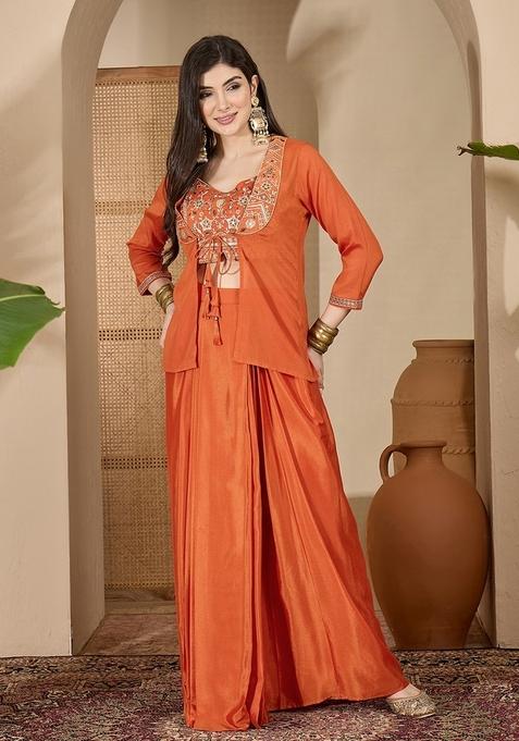 Orange Embroidered Poly Blended Fusion Set