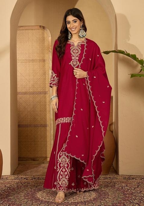 Red Embroidered Poly Blended Kurta Set