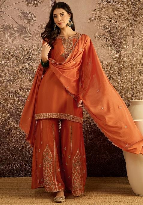 Orange Embroidered Poly Blended Kurta Set