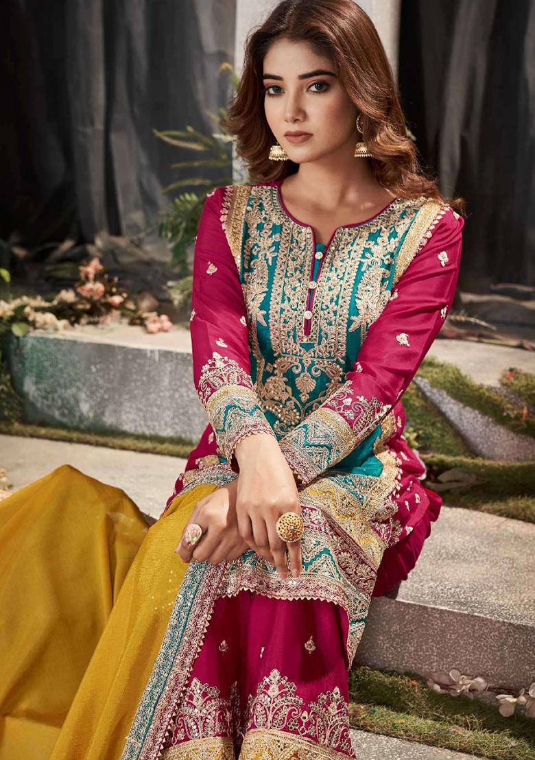 Multi Embroidered Chinnon Salwar Kameez - Indya
