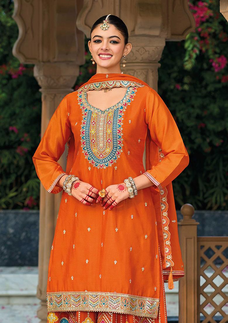 Orange Embroidered Chinnon Salwar Kameez - Indya