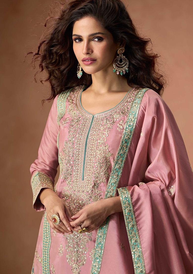 Lilac Embroidered Silk Salwar Kameez - Indya
