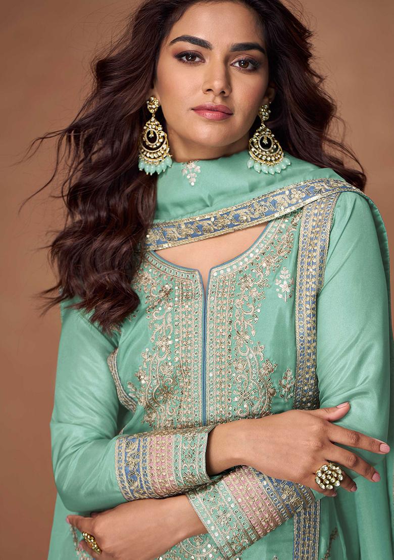Turquoise Embroidered Silk Salwar Kameez - Indya