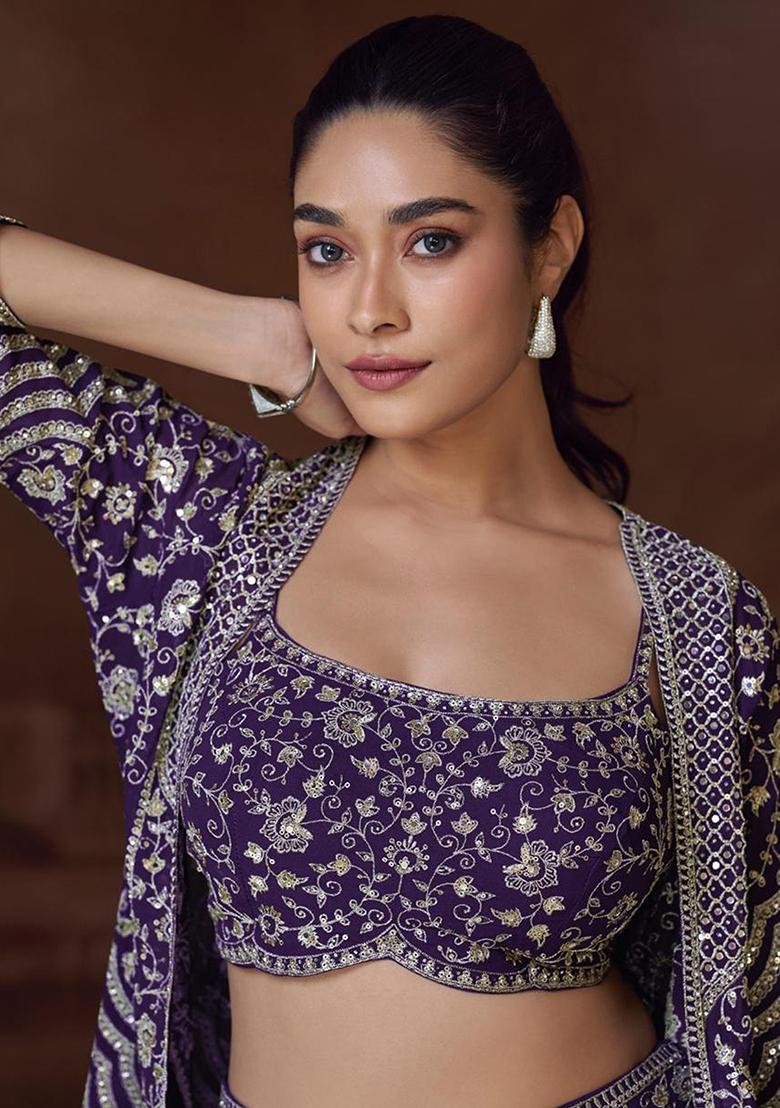 Purple Embroidered Silk Salwar Kameez With Jacket - Indya