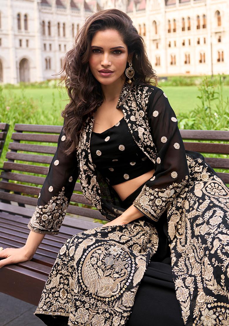 Black Embroidered Georgette Salwar Kameez With Jacket - Indya