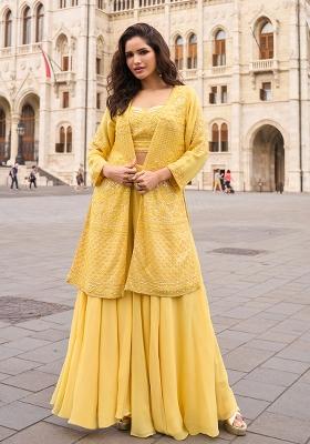 Yellow Embroidered Georgette Salwar Kameez With Jacket