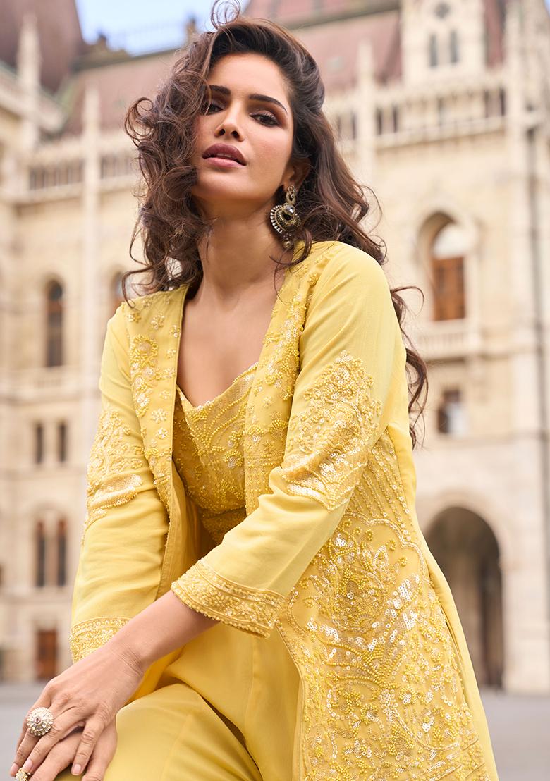 Yellow Embroidered Georgette Salwar Kameez With Jacket - Indya
