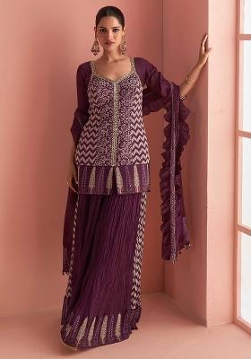 Wine Prirnted Silk Salwar Kameez