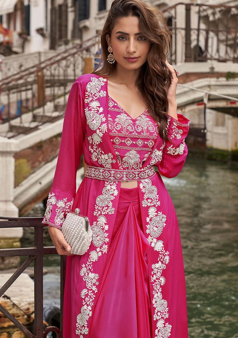 Rani Pink Embroidered Silk Salwar Kameez - Indya