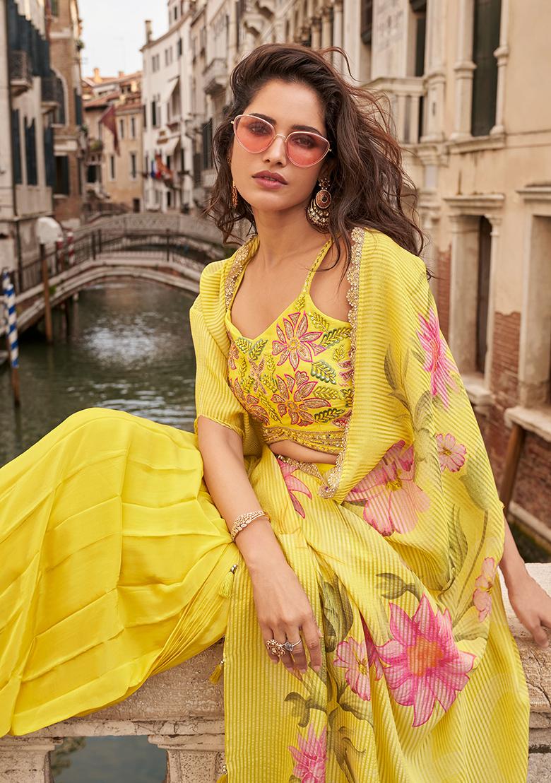 Yellow Prirnted Silk Salwar Kameez - Indya