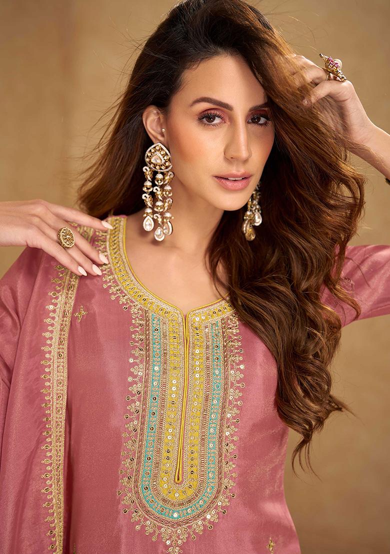 Mustard Embroidered Silk Salwar Kameez - Indya