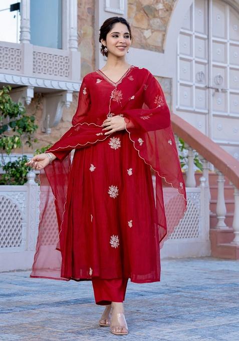 Red Embroidery Chanderi Kurta Set