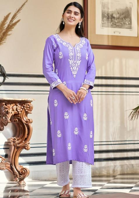 Lavender Chikankari Rayon Straight Kurta Set