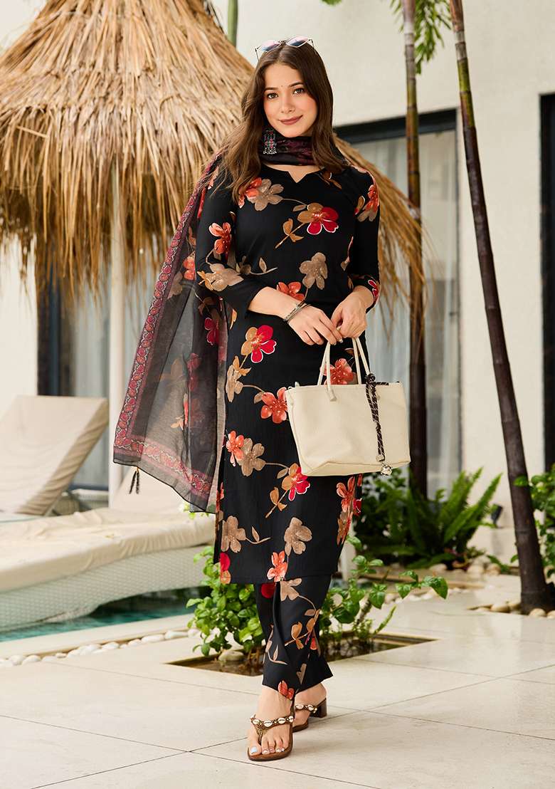 Black Prirnted Silk Kurta Set - Indya