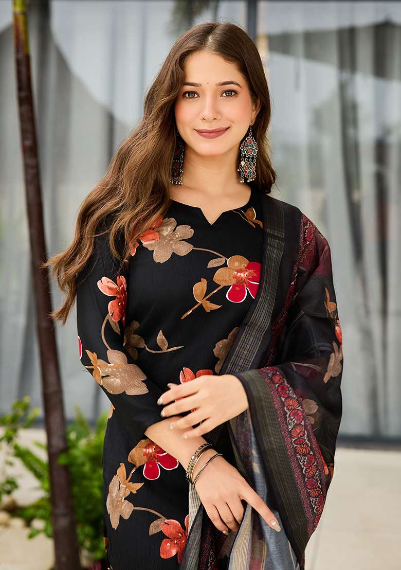 Black Prirnted Silk Kurta Set - Indya