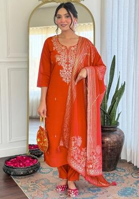 Rust Embroidery Silk Kurta Set