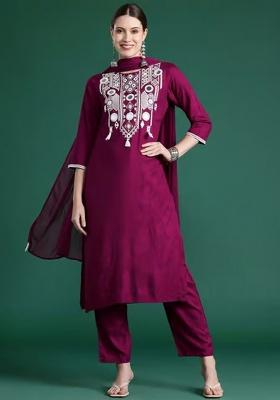 Wine Embroidery Viscose Kurta Set