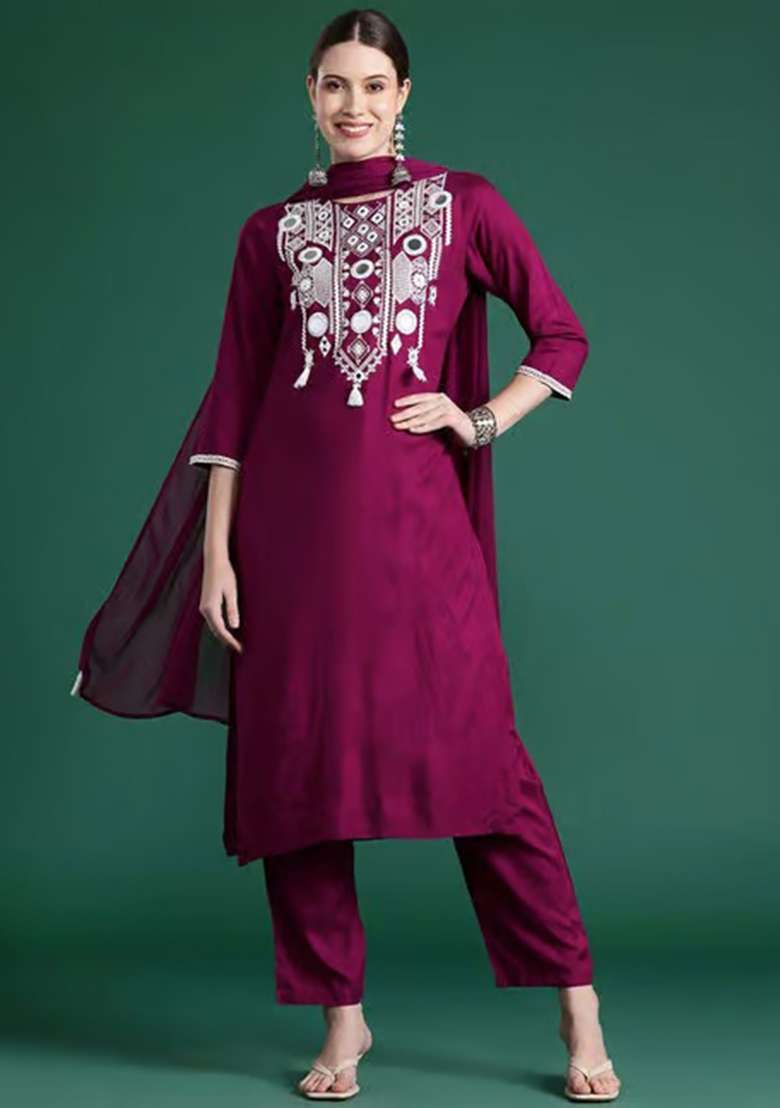 Wine Embroidery Viscose Kurta Set - Indya