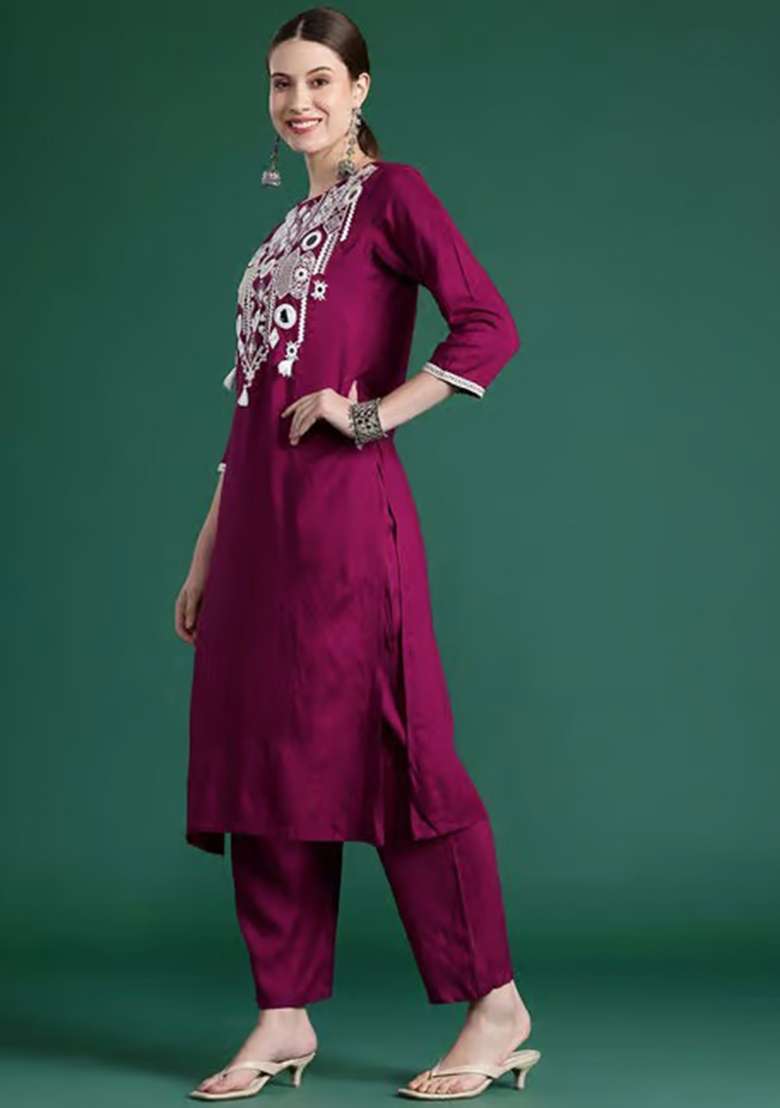 Wine Embroidery Viscose Kurta Set - Indya