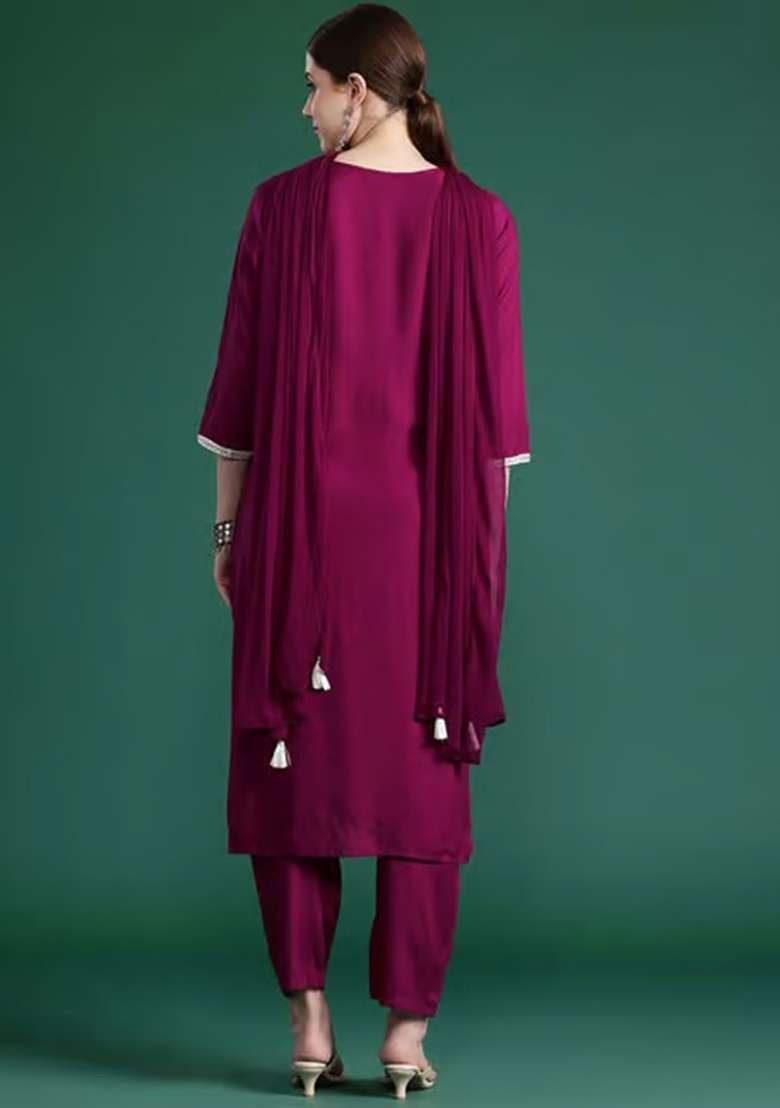 Wine Embroidery Viscose Kurta Set - Indya