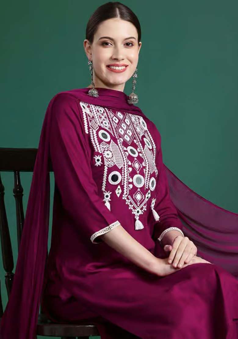Wine Embroidery Viscose Kurta Set - Indya