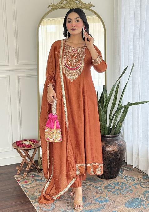 Rust Embroidery Silk Kurta Set
