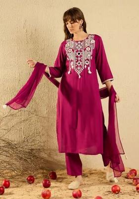 Wine Embroidery Viscose Kurta Set
