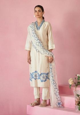 Off White Thread Viscose Kurta Set